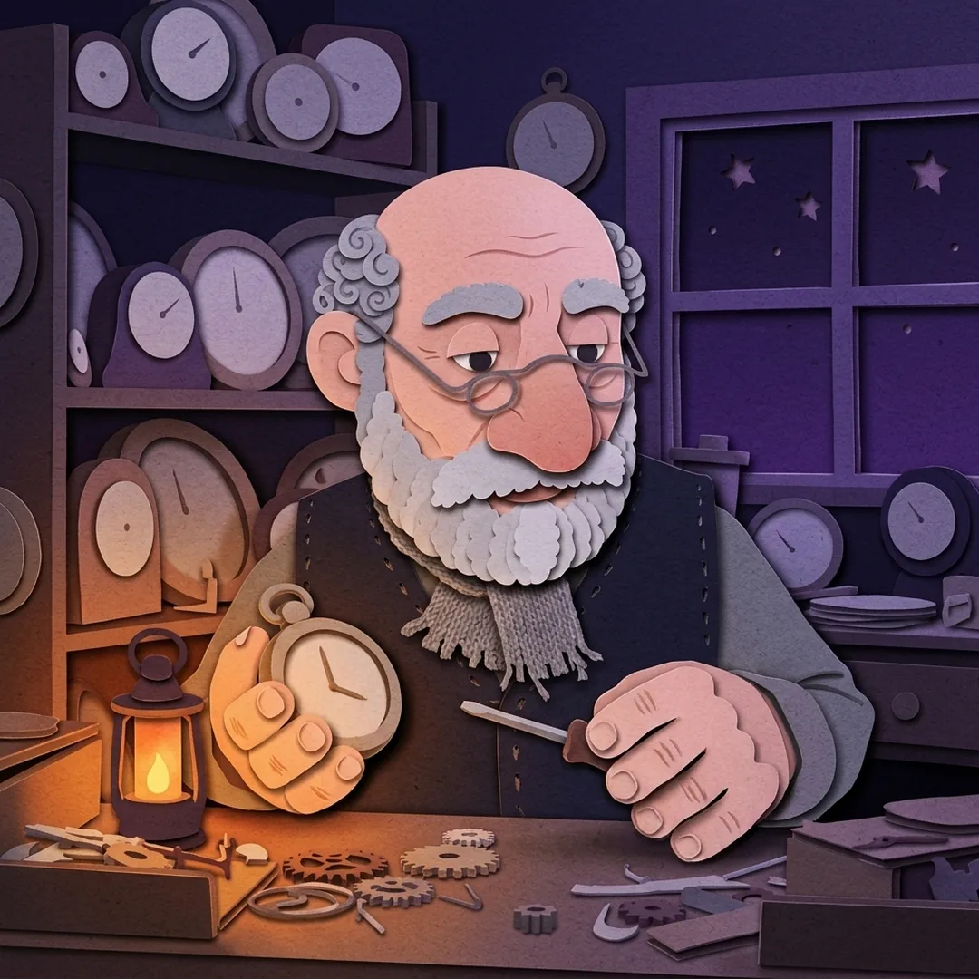 Paper cut-out · The clockmaker