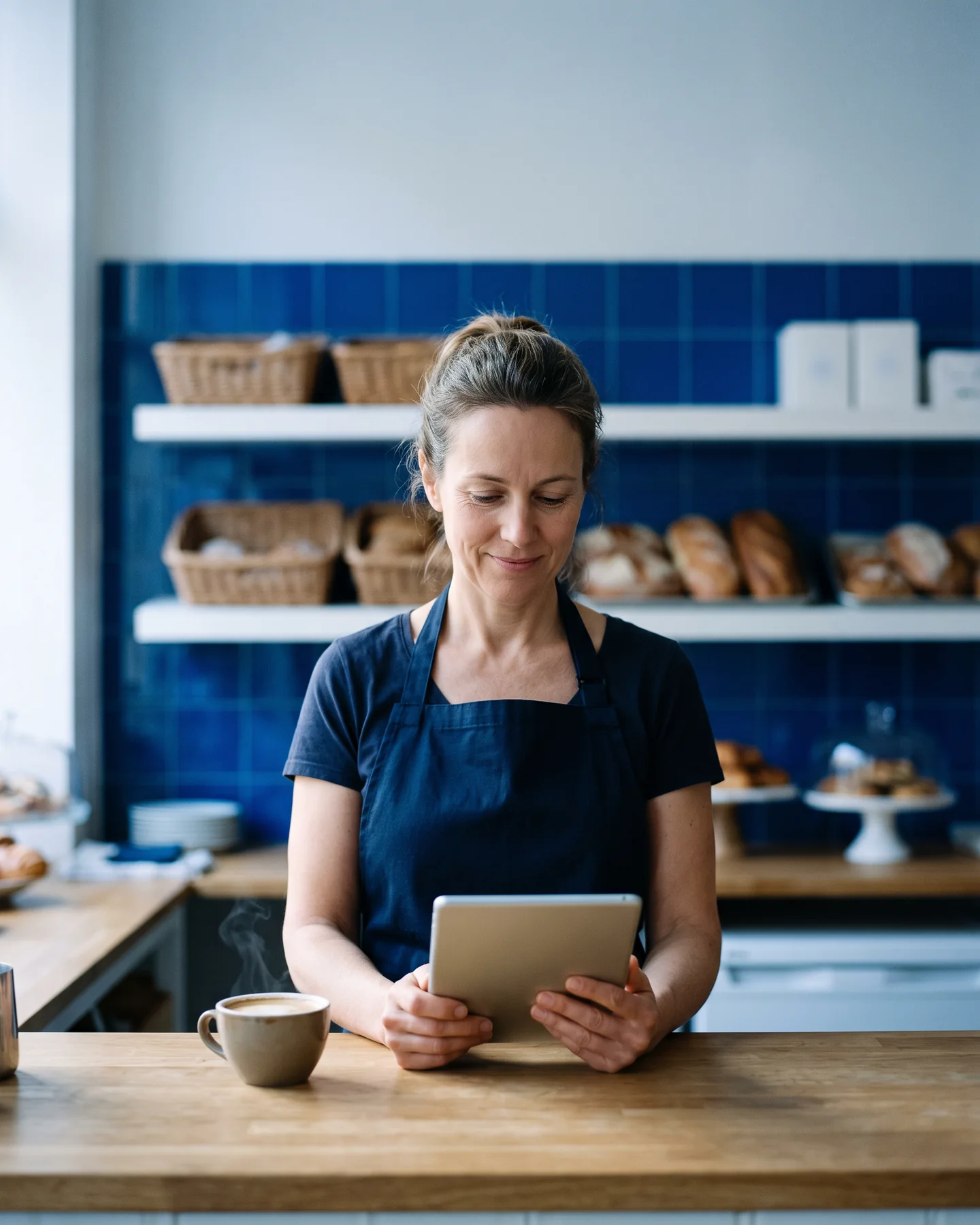 Illustrative image: a business owner working calmly at a tidy desk