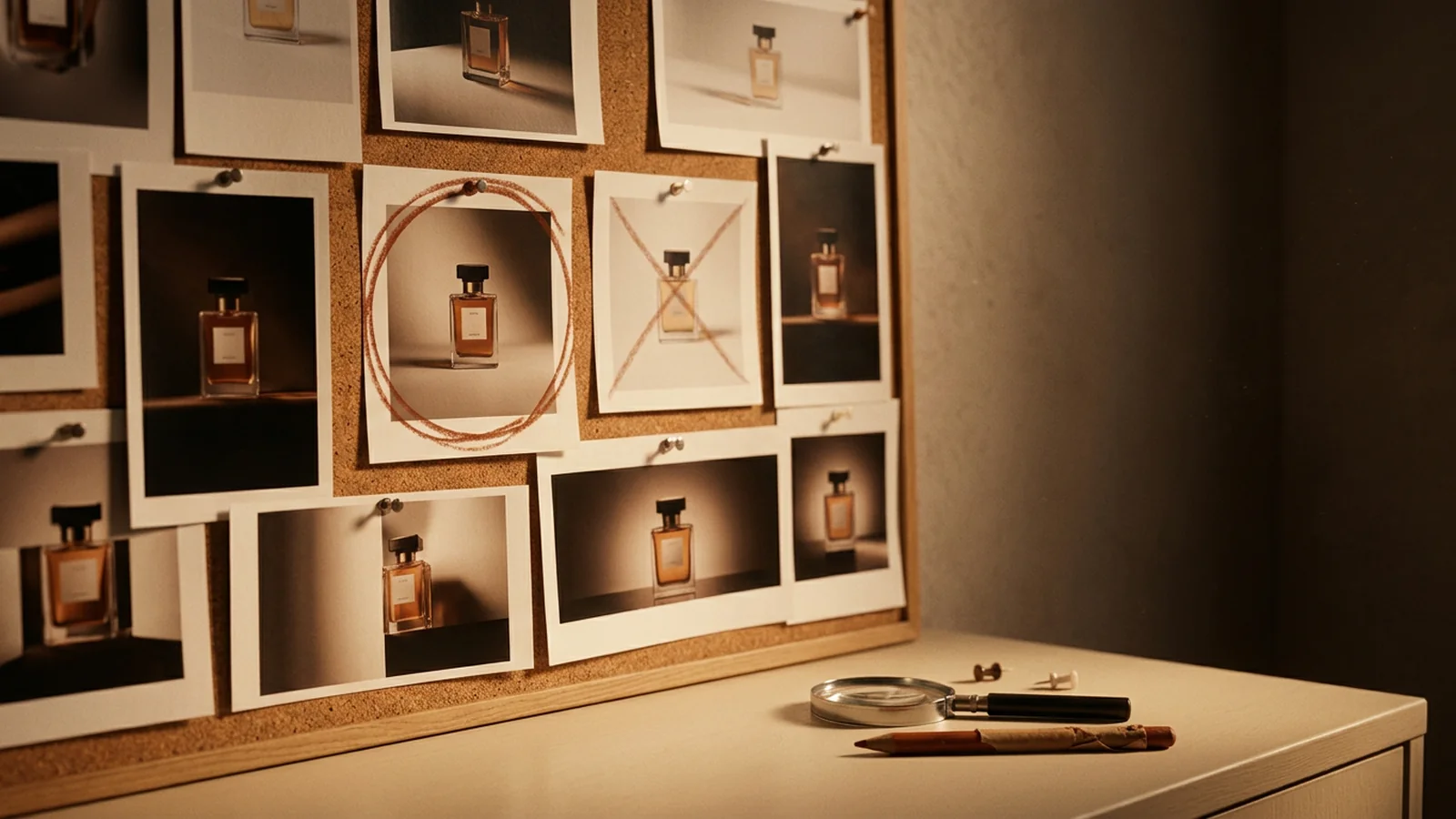 A campaign review: frames of one product pinned to a board, one circled and one crossed out