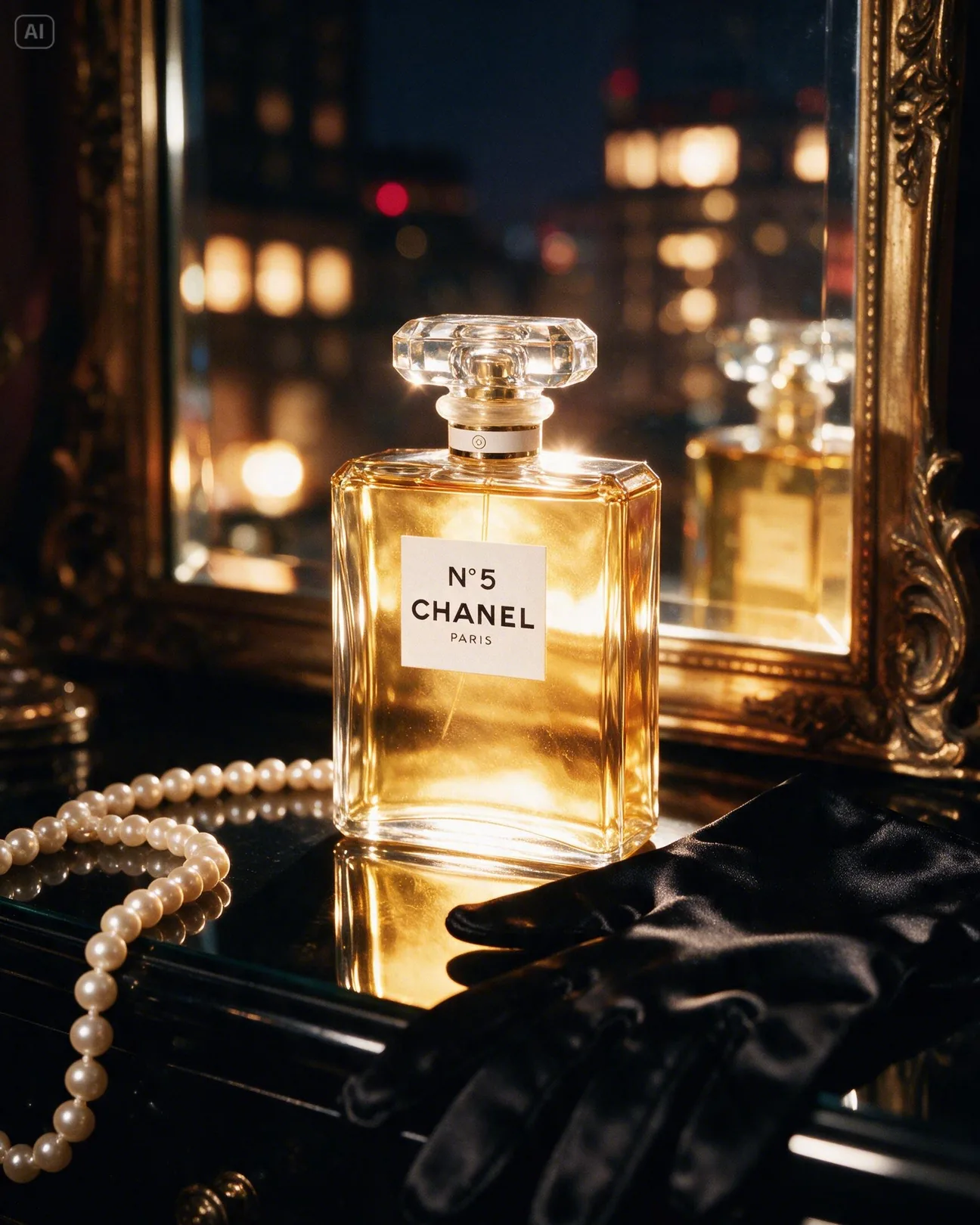 Chanel N°5 on a black vanity with a gold mirror and pearls, at night · AI-made spec piece · not commissioned by the brand