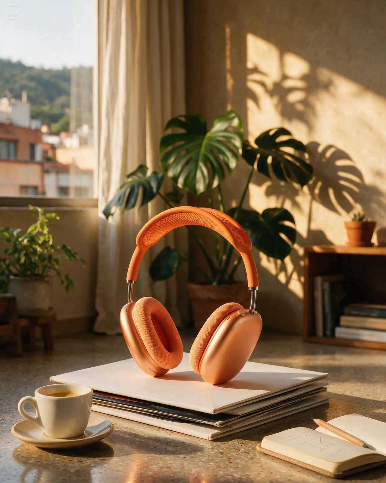 Orange AirPods Max on vinyl records, with a coffee and a notebook · AI-made spec piece · not commissioned by the brand