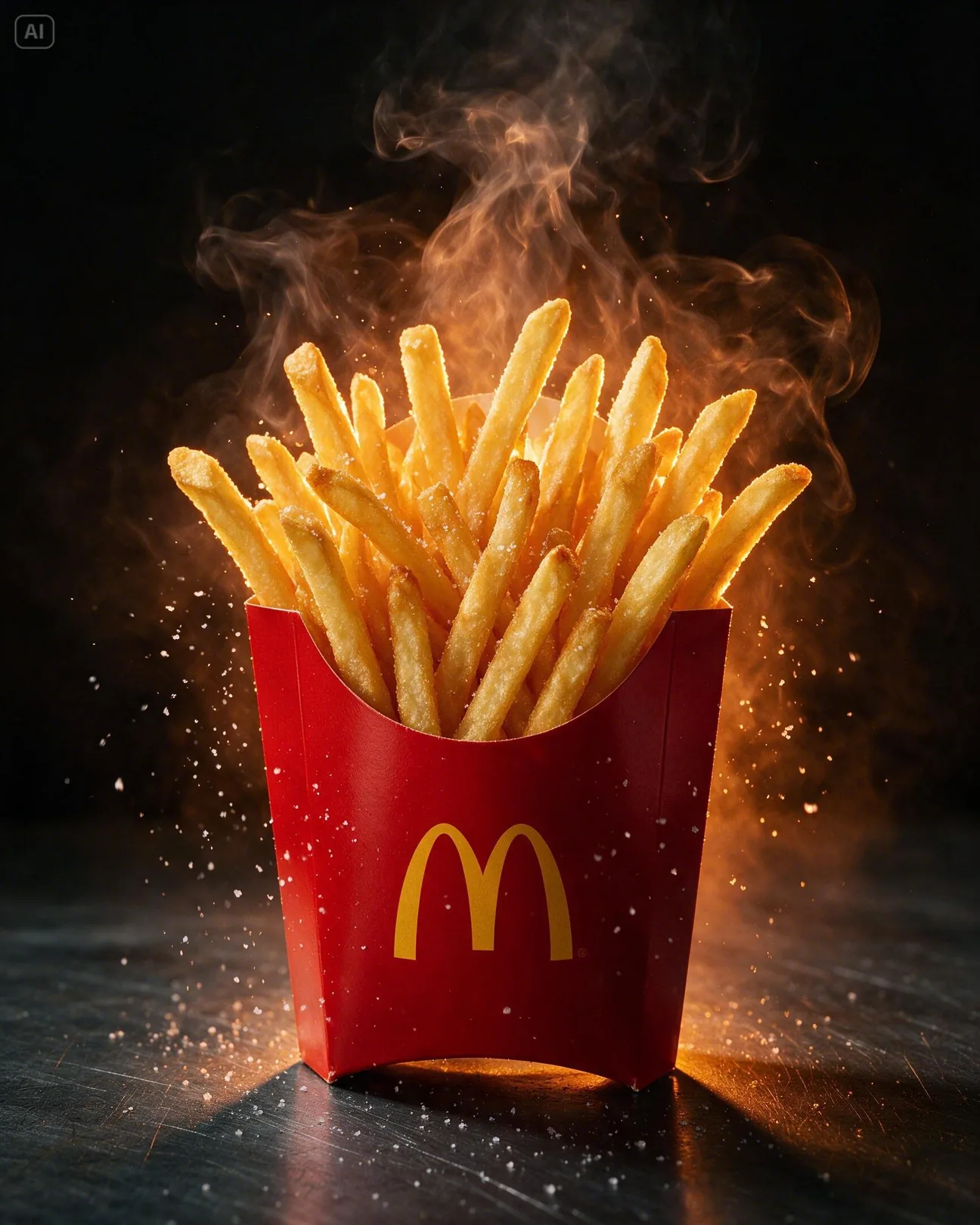 McDonald’s fries in their red box, saffron backlight and steam · AI-made spec piece · not commissioned by the brand