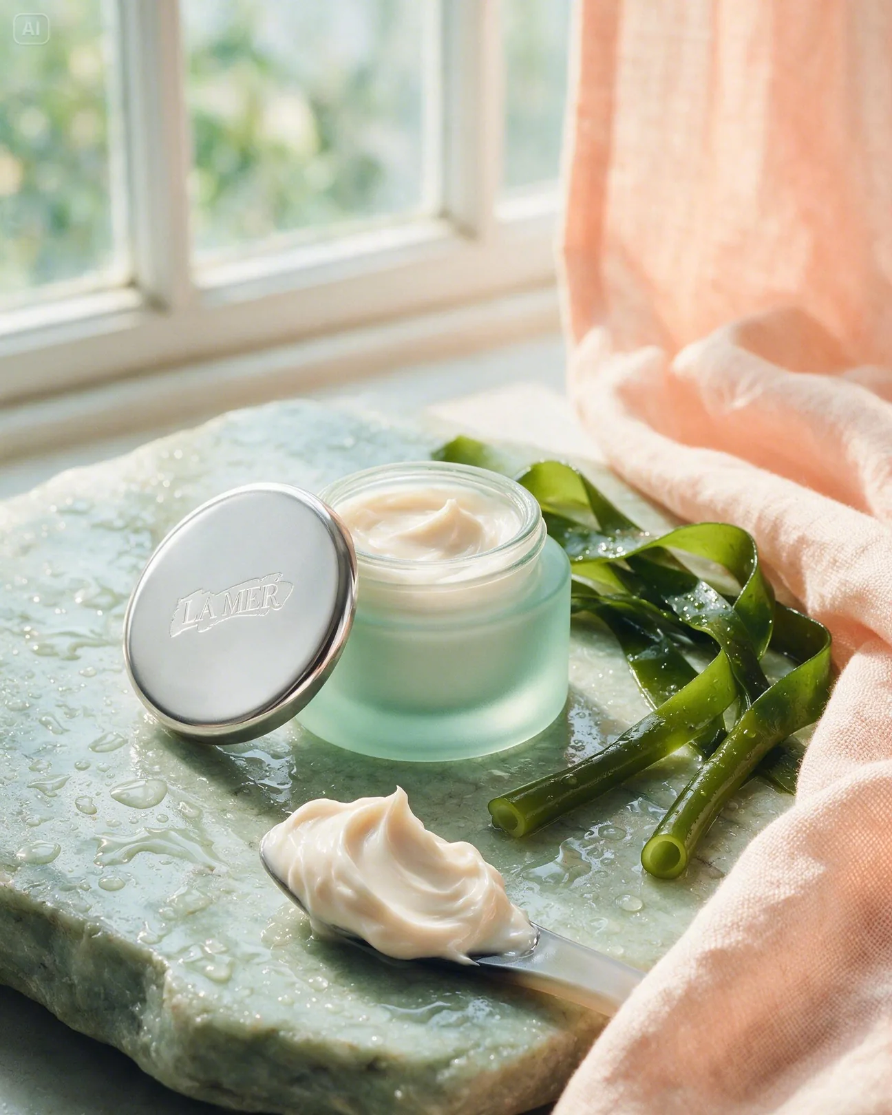 La Mer cream on a spatula next to its sea-green jar, wet stone and linen · AI-made spec piece · not commissioned by the brand